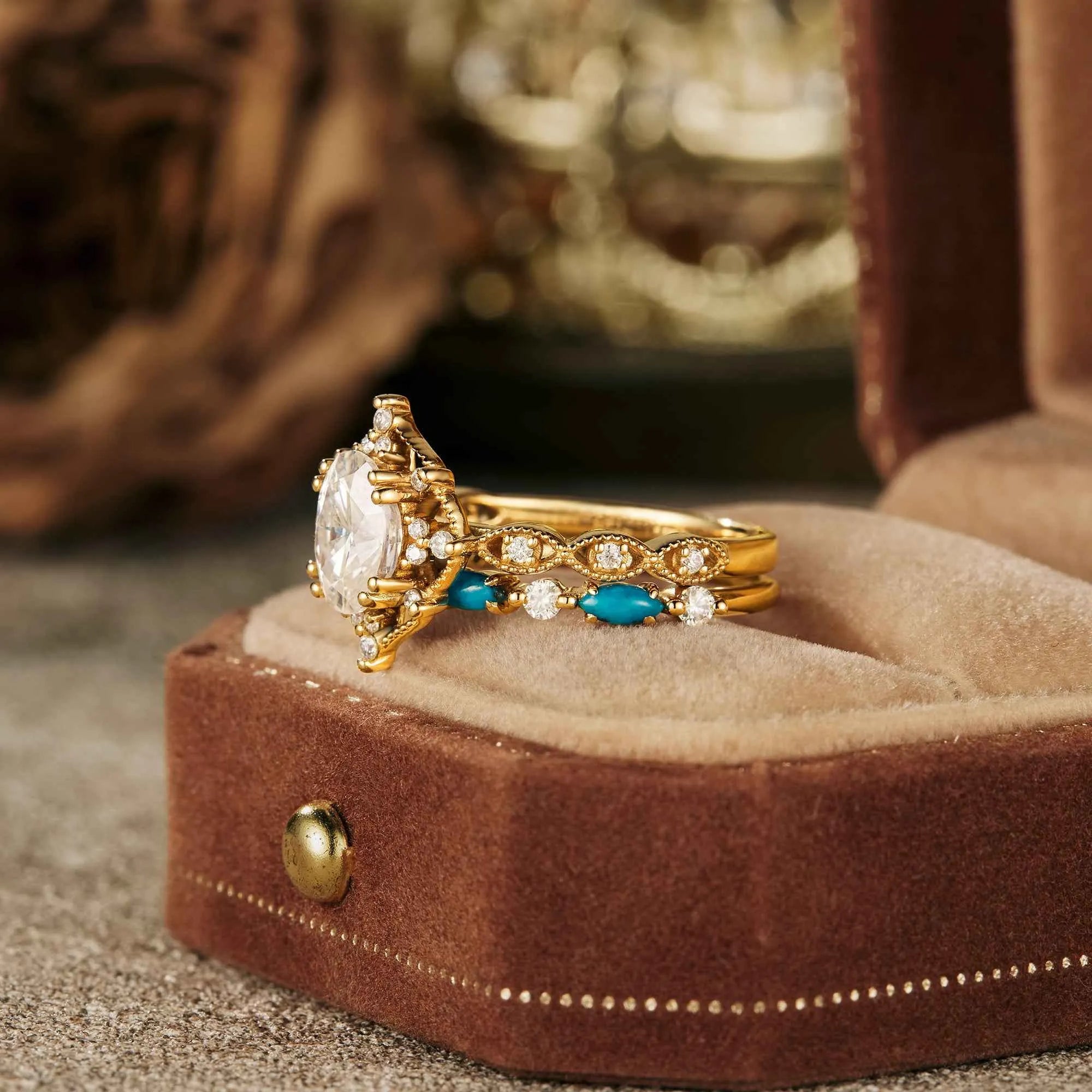 Boho Moissanite & Turquoise Engagement Ring Set 2pcs - GemsMagic - GemsMagic