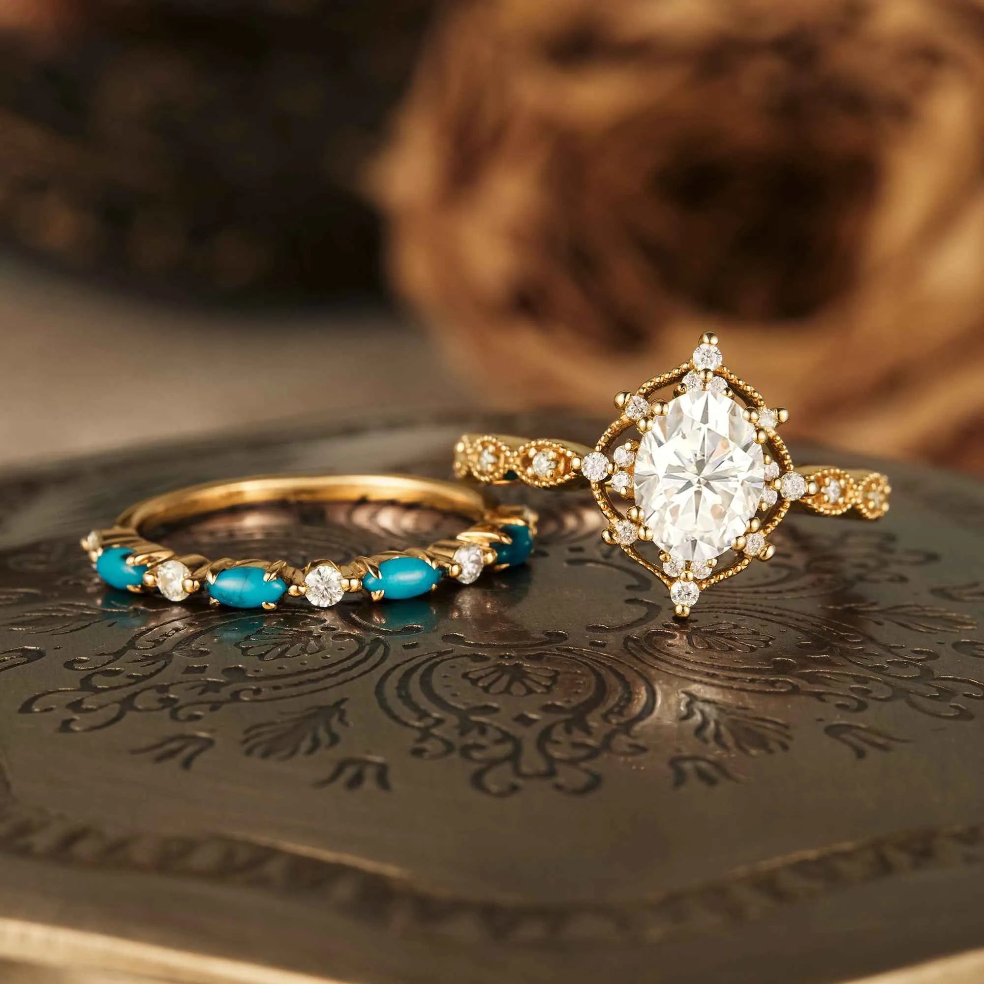 Boho Moissanite & Turquoise Engagement Ring Set 2pcs - GemsMagic - GemsMagic