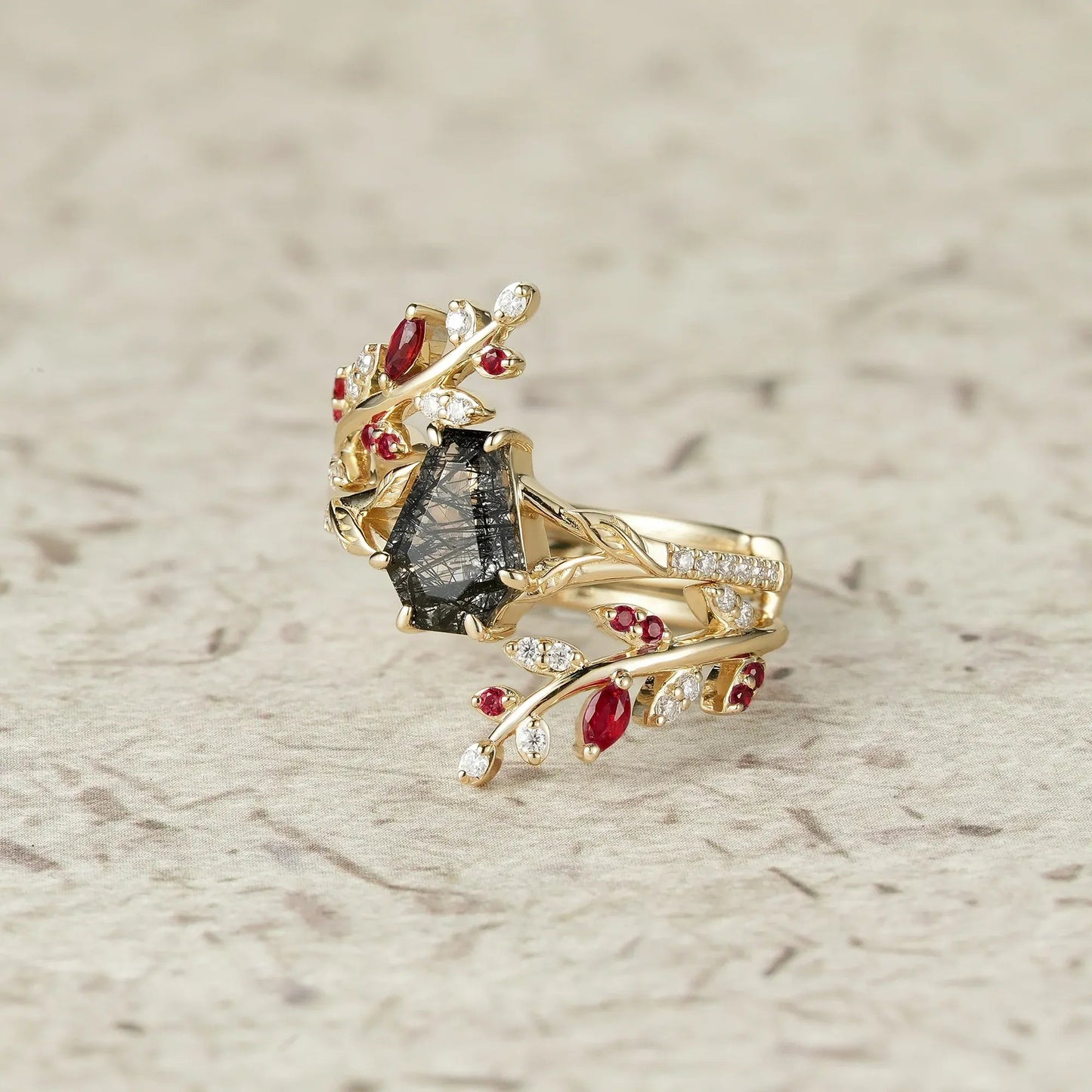 Coffin Cut Black Rutilated Quartz Engagement Ring Set - GemsMagic