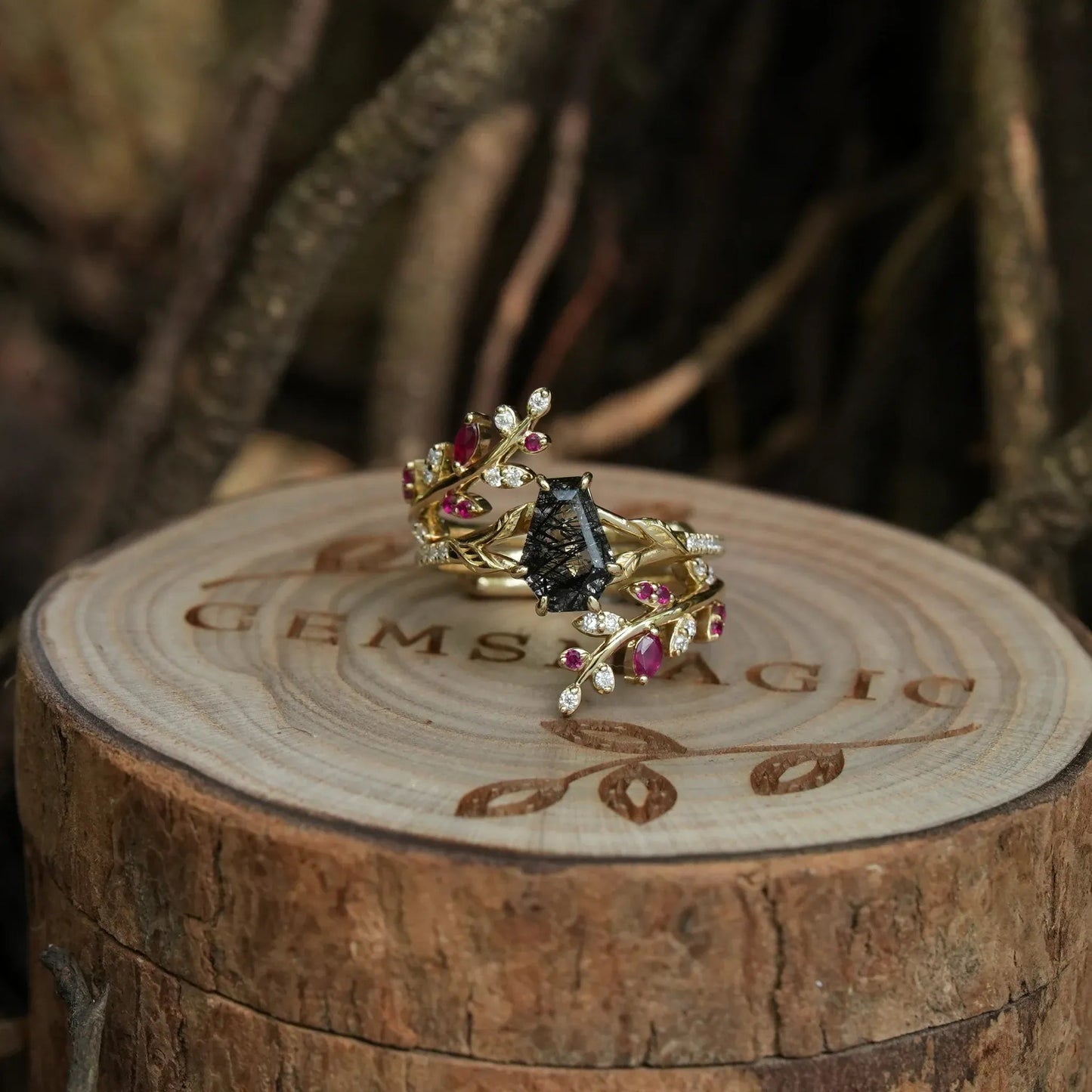 Coffin Cut Black Rutilated Quartz Engagement Ring Set - GemsMagic