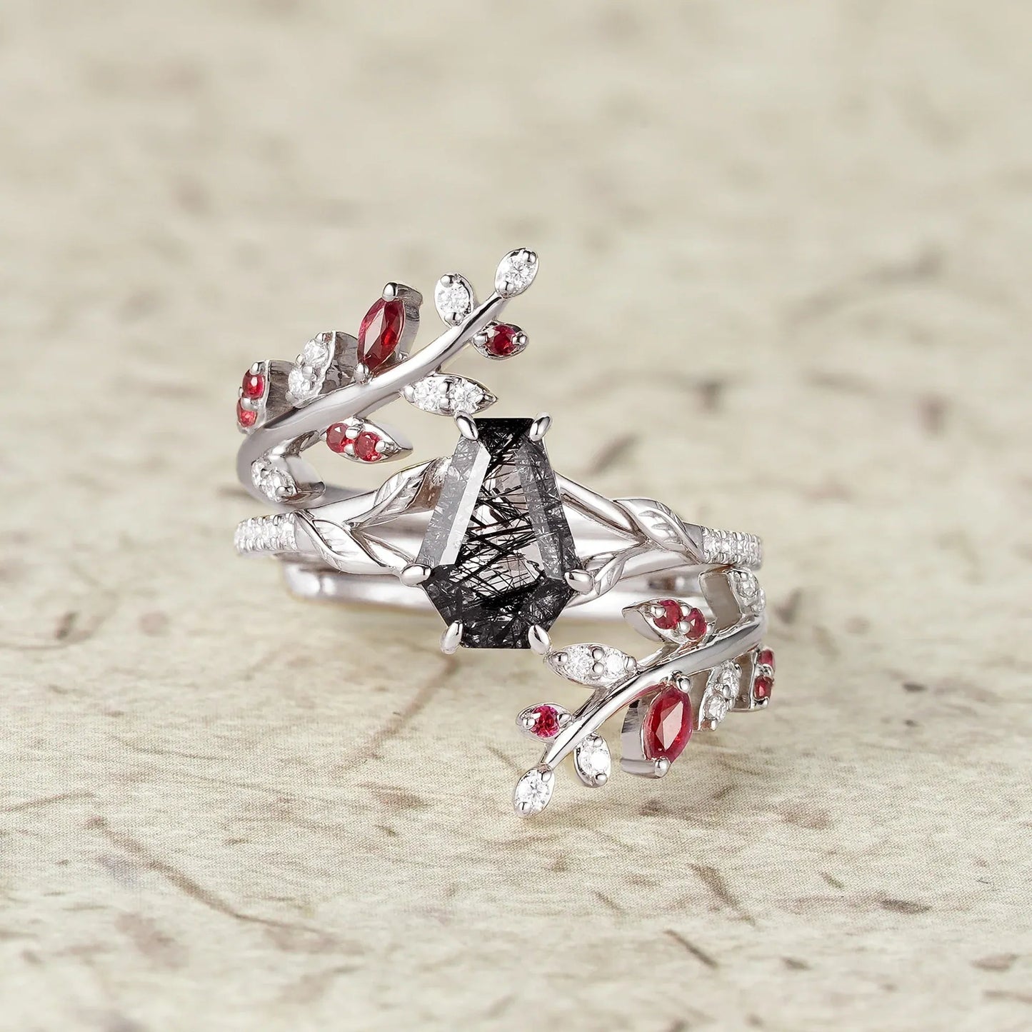 Coffin Cut Black Rutilated Quartz Engagement Ring Set - GemsMagic