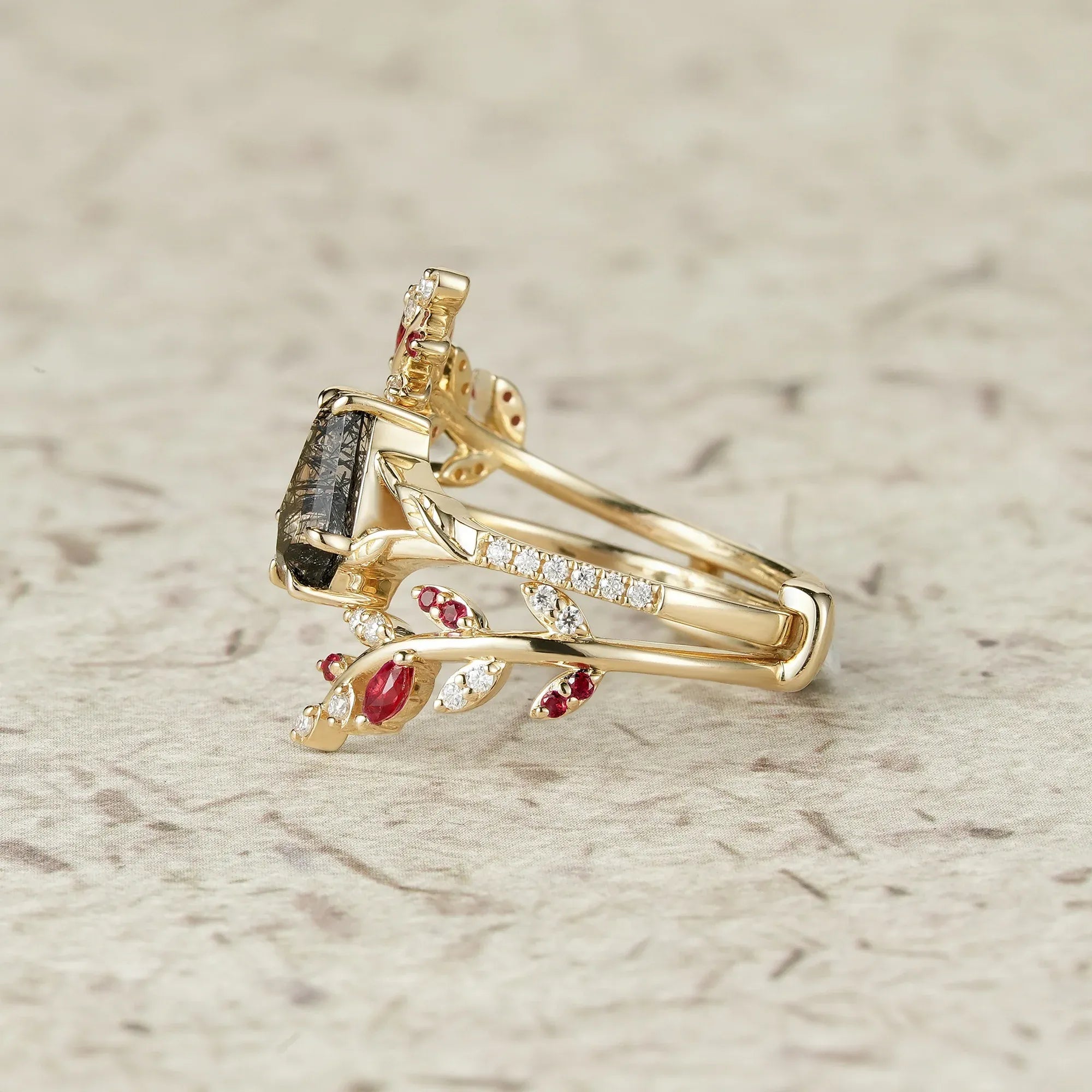 Coffin Cut Black Rutilated Quartz Engagement Ring Set - GemsMagic