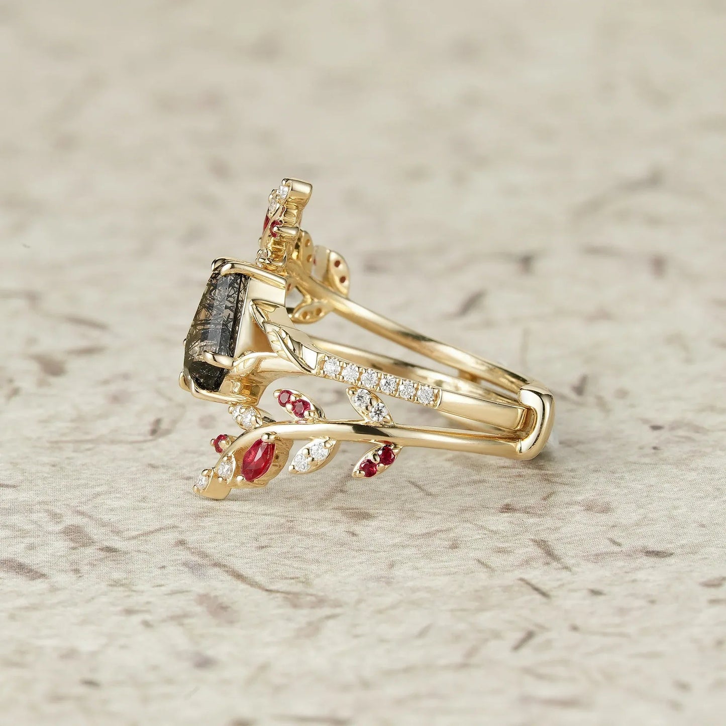 Coffin Cut Black Rutilated Quartz Engagement Ring Set - GemsMagic