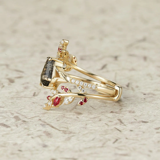 Coffin Cut Black Rutilated Quartz Engagement Ring Set - GemsMagic