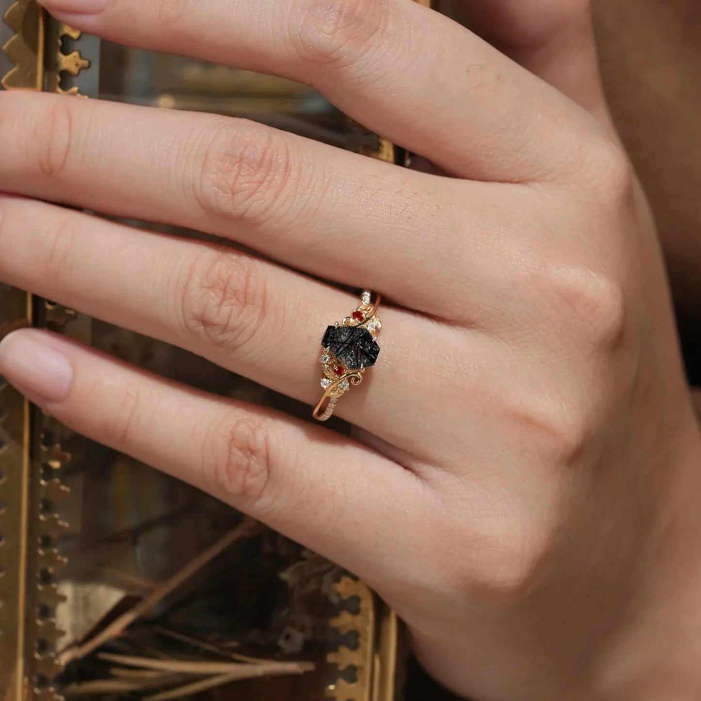 Coffin Cut Black Rutilated Quartz Leaf Ring - Sylvie - GemsMagic