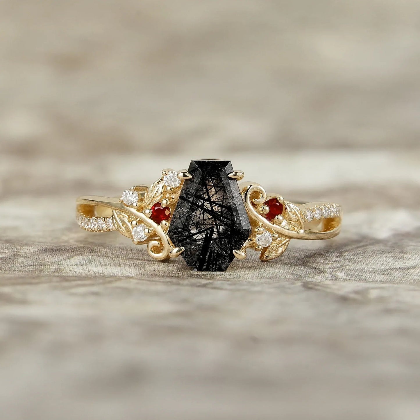 Coffin Cut Black Rutilated Quartz Leaf Ring - Sylvie - GemsMagic