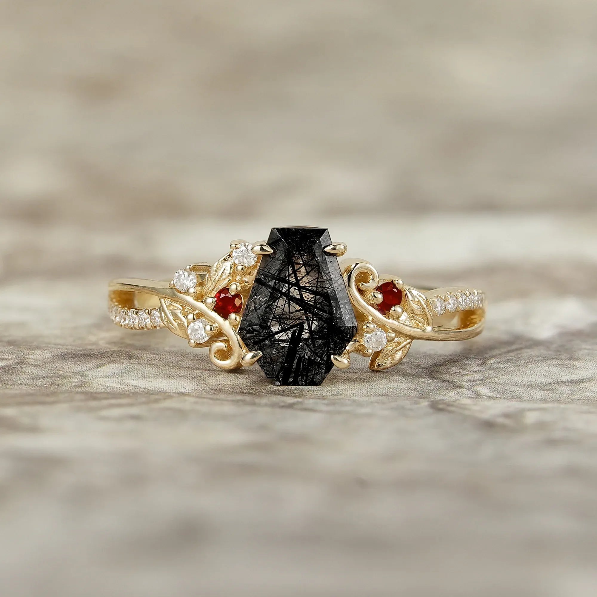 Coffin Cut Black Rutilated Quartz Leaf Ring - Sylvie - GemsMagic