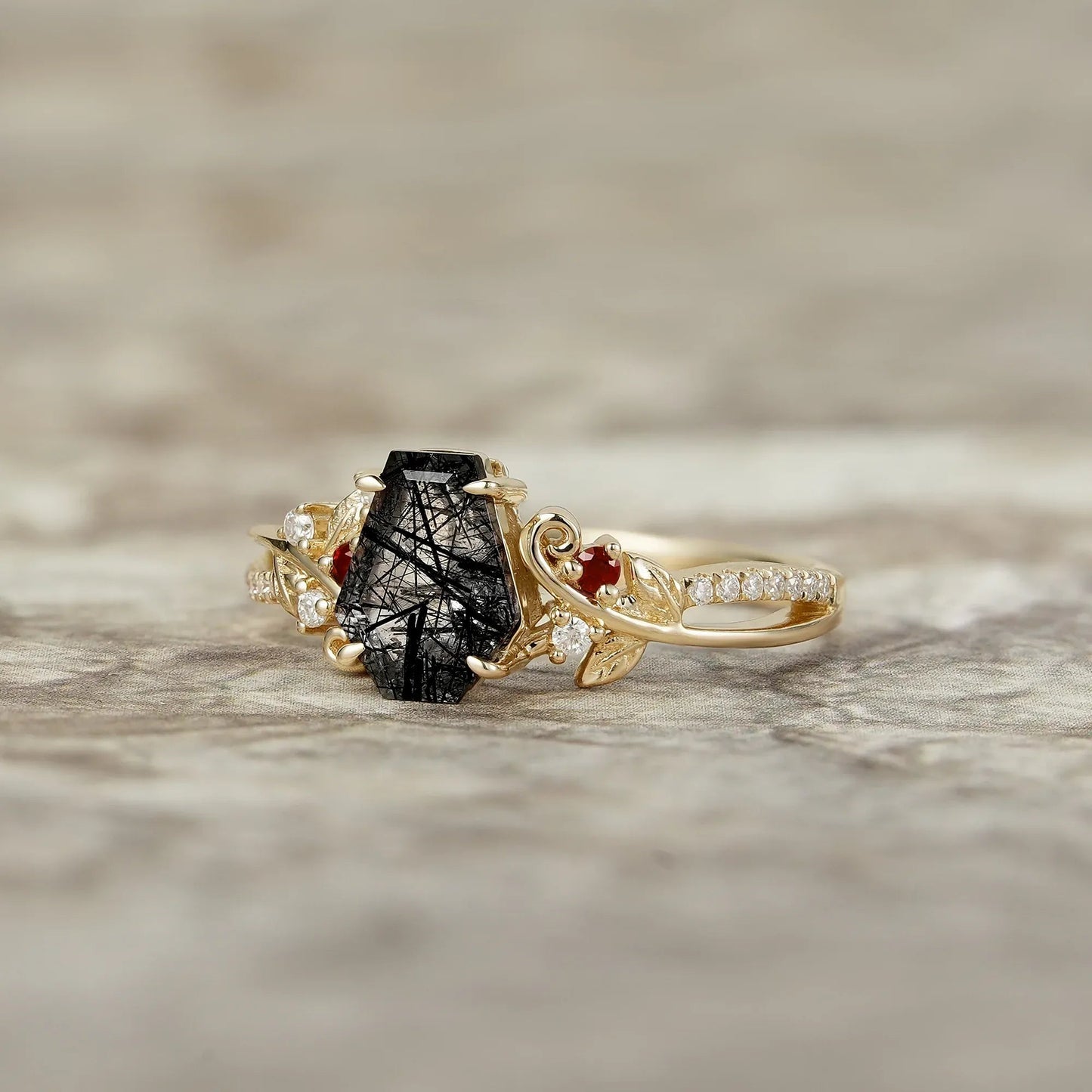 Coffin Cut Black Rutilated Quartz Leaf Ring - Sylvie - GemsMagic