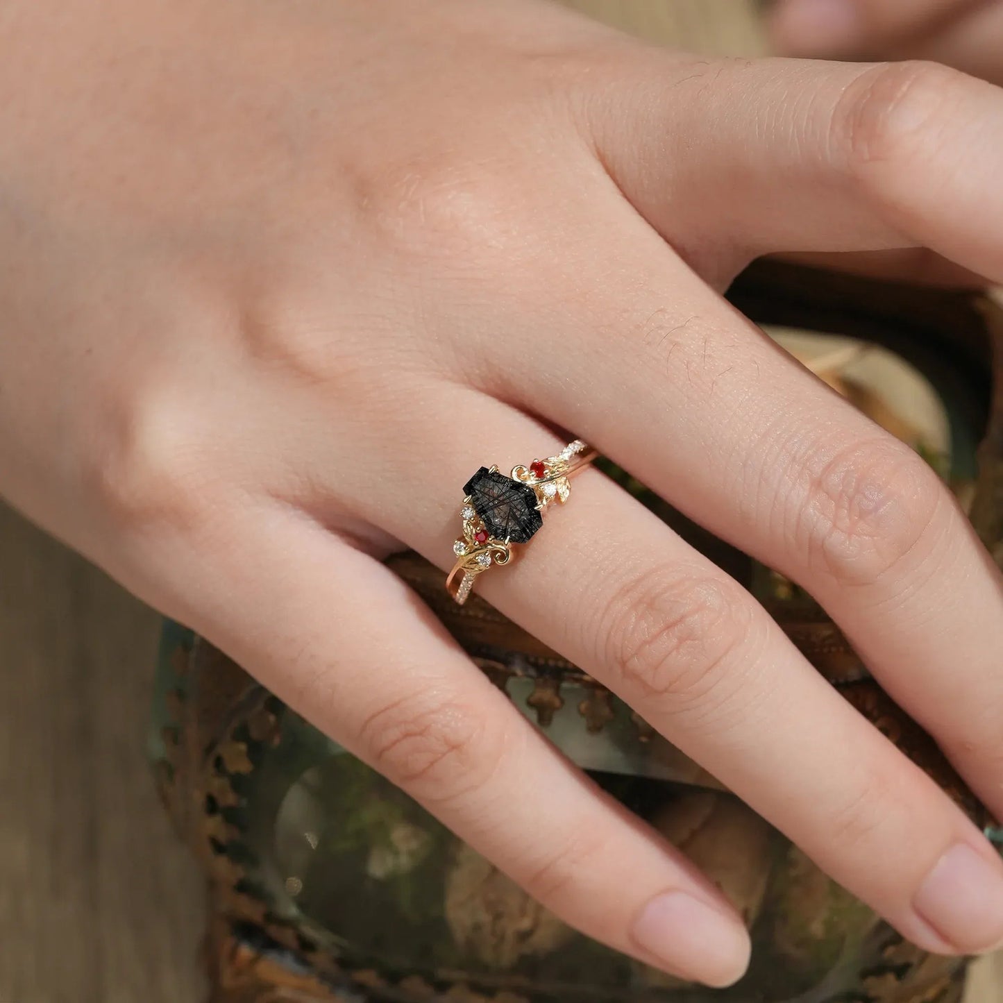 Coffin Cut Black Rutilated Quartz Leaf Ring - Sylvie - GemsMagic