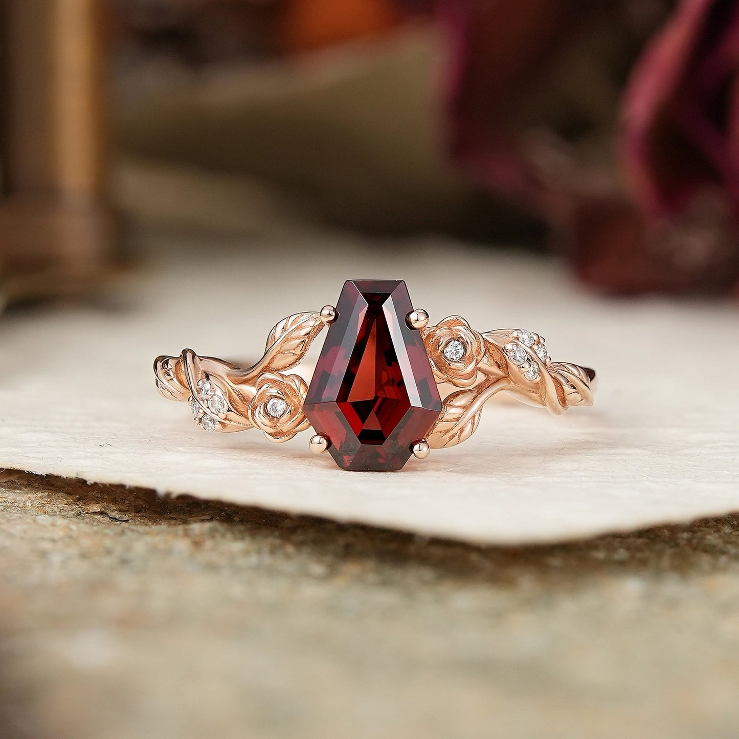 Coffin Cut Garnet Leaf And Flower Inspired Engagement Ring - GemsMagic - GemsMagic