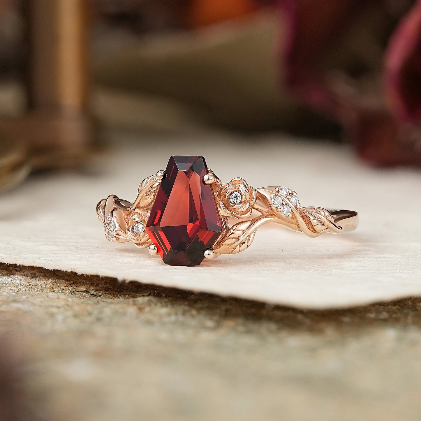 Coffin Cut Garnet Leaf And Flower Inspired Engagement Ring - GemsMagic - GemsMagic
