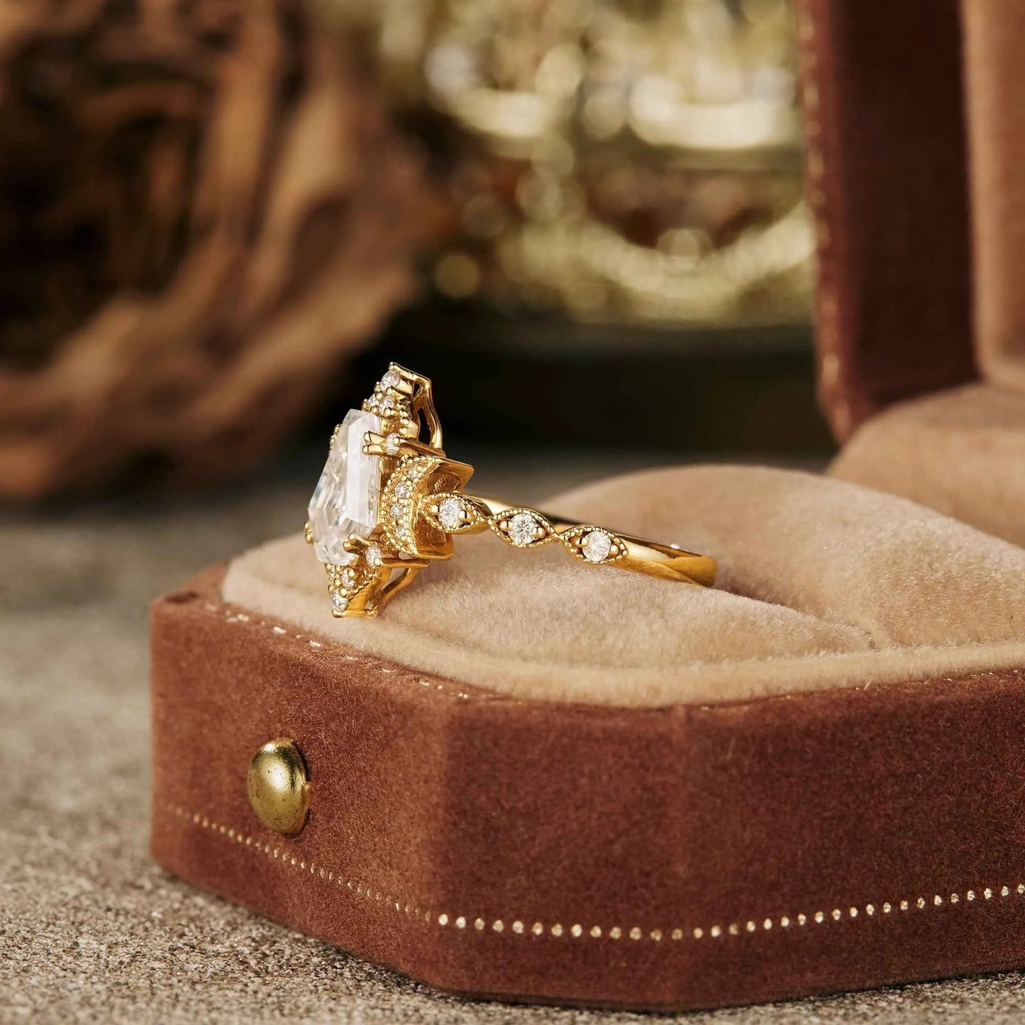 Coffin Shaped Moissanite Cluster Engagement Ring - GemsMagic - GemsMagic