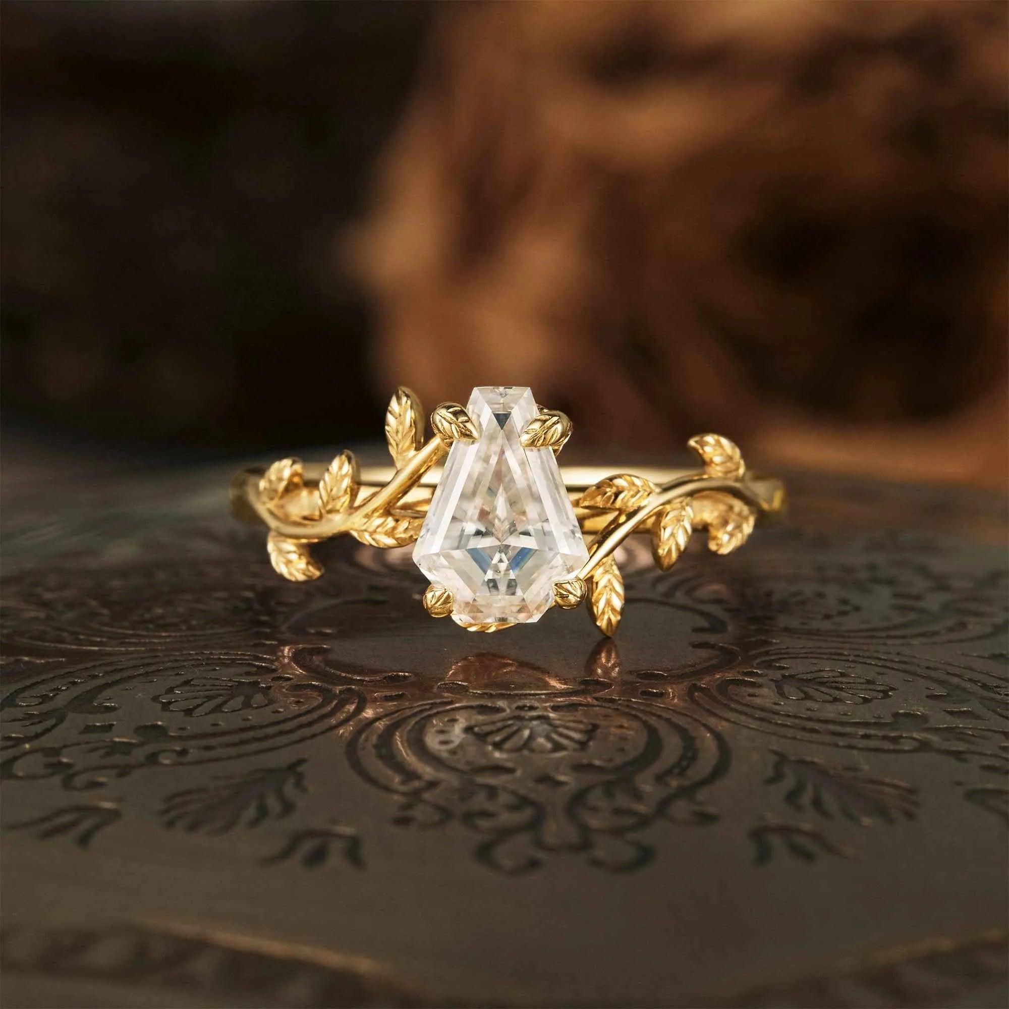 Coffin Shaped Moissanite Cluster Leaf Branch Engagement Ring - GemsMagic - GemsMagic