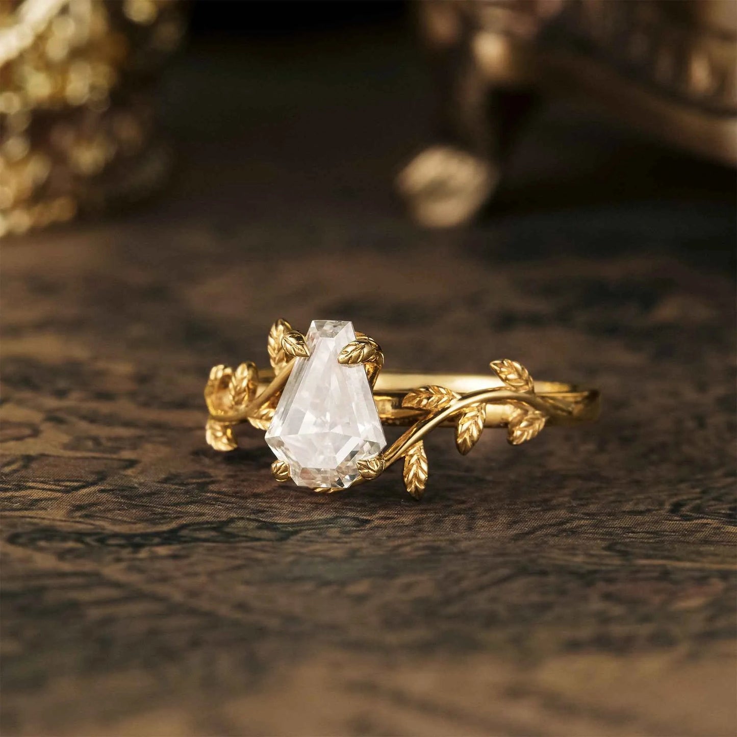 Coffin Shaped Moissanite Cluster Leaf Branch Engagement Ring - GemsMagic - GemsMagic