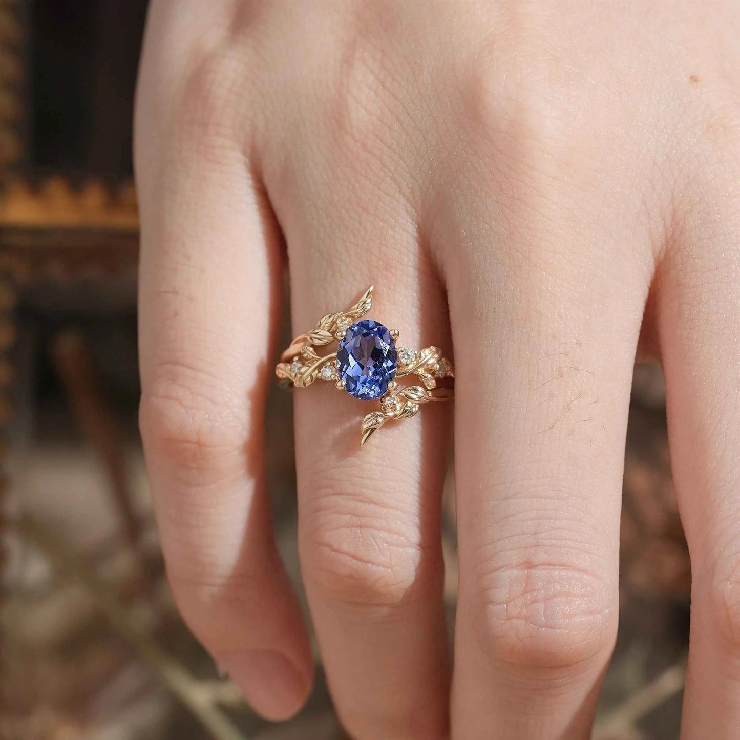 Cornflower Sapphire & Moissanite Floral Ring Set 2pcs - Fioralba - GemsMagic