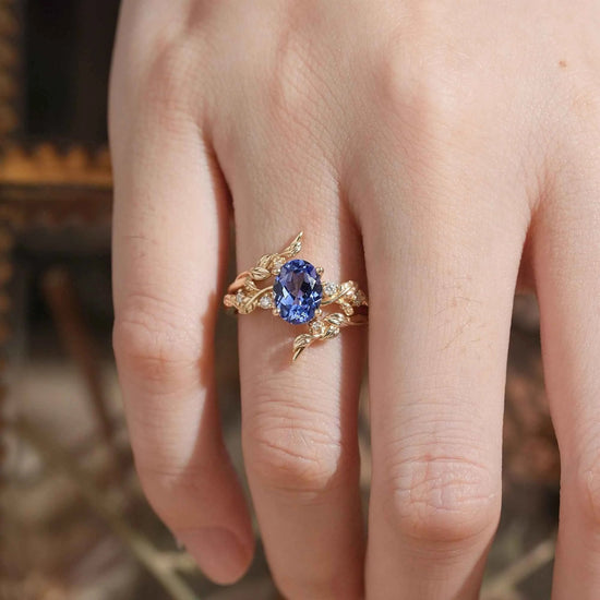 Cornflower Sapphire & Moissanite Floral Ring Set 2pcs - Fioralba - GemsMagic