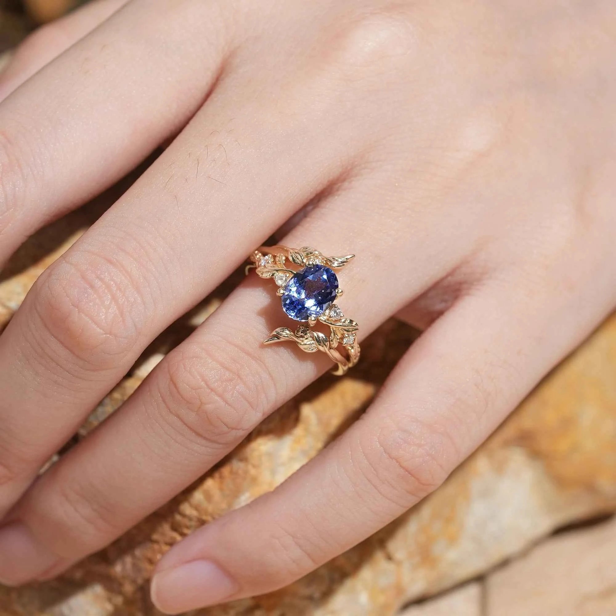 Cornflower Sapphire & Moissanite Floral Ring Set 2pcs - Fioralba - GemsMagic