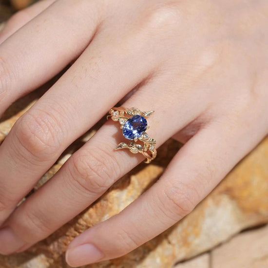 Cornflower Sapphire & Moissanite Floral Ring Set 2pcs - Fioralba - GemsMagic