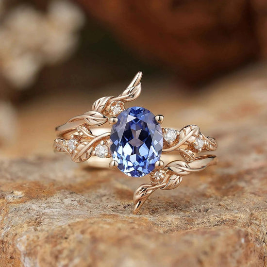 Cornflower Sapphire & Moissanite Floral Ring Set 2pcs - Fioralba - GemsMagic