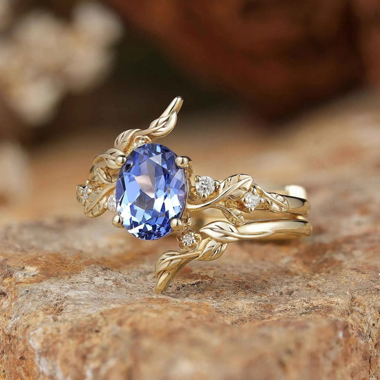 Cornflower Sapphire & Moissanite Floral Ring Set 2pcs - Fioralba - GemsMagic