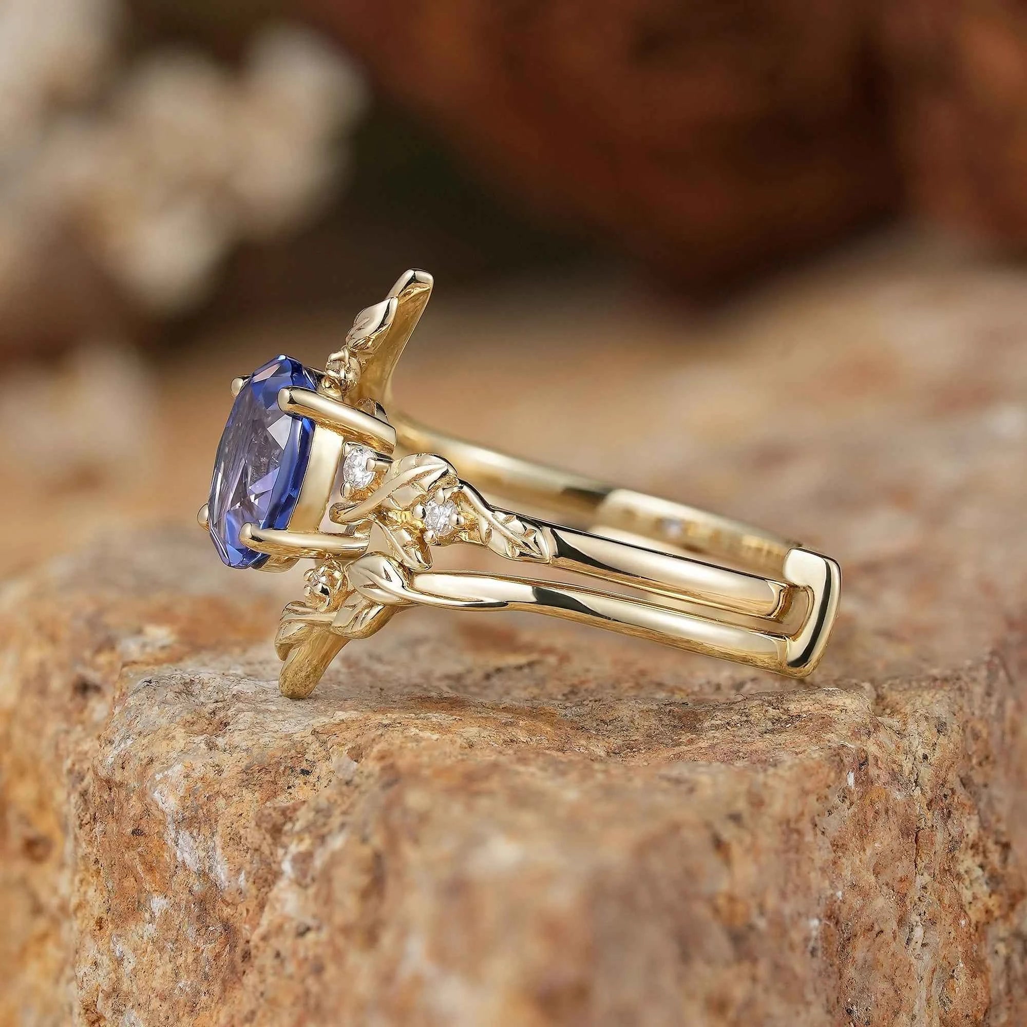 Cornflower Sapphire & Moissanite Floral Ring Set 2pcs - Fioralba - GemsMagic