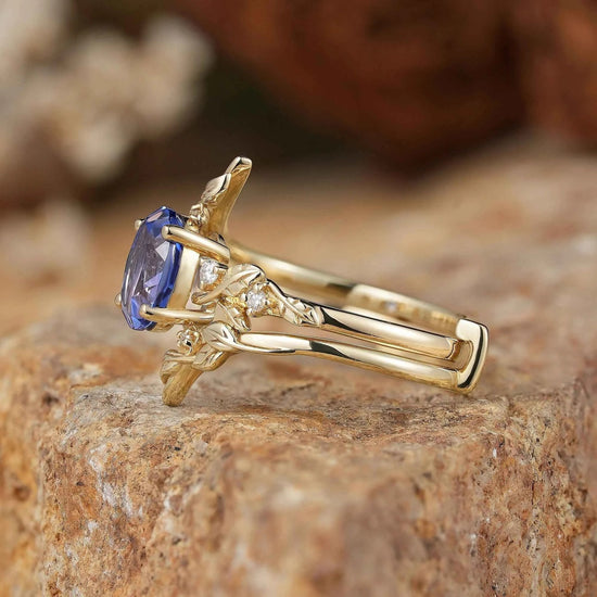 Cornflower Sapphire & Moissanite Floral Ring Set 2pcs - Fioralba - GemsMagic