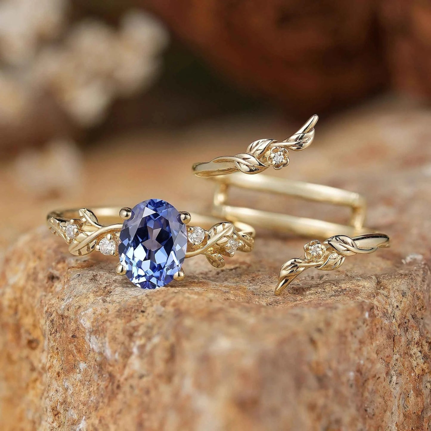 Cornflower Sapphire & Moissanite Floral Ring Set 2pcs - Fioralba - GemsMagic