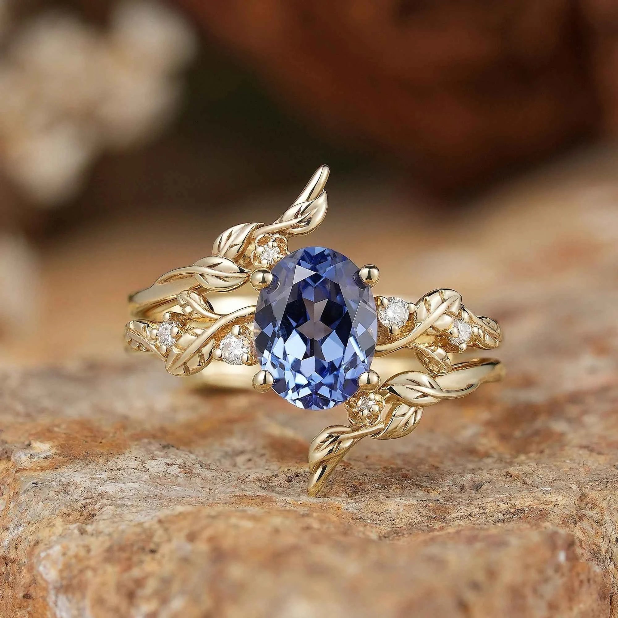 Cornflower Sapphire & Moissanite Floral Ring Set 2pcs - Fioralba - GemsMagic