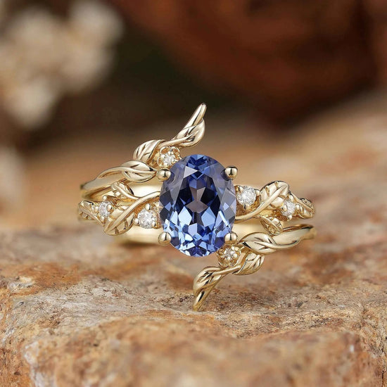 Cornflower Sapphire & Moissanite Floral Ring Set 2pcs - Fioralba - GemsMagic
