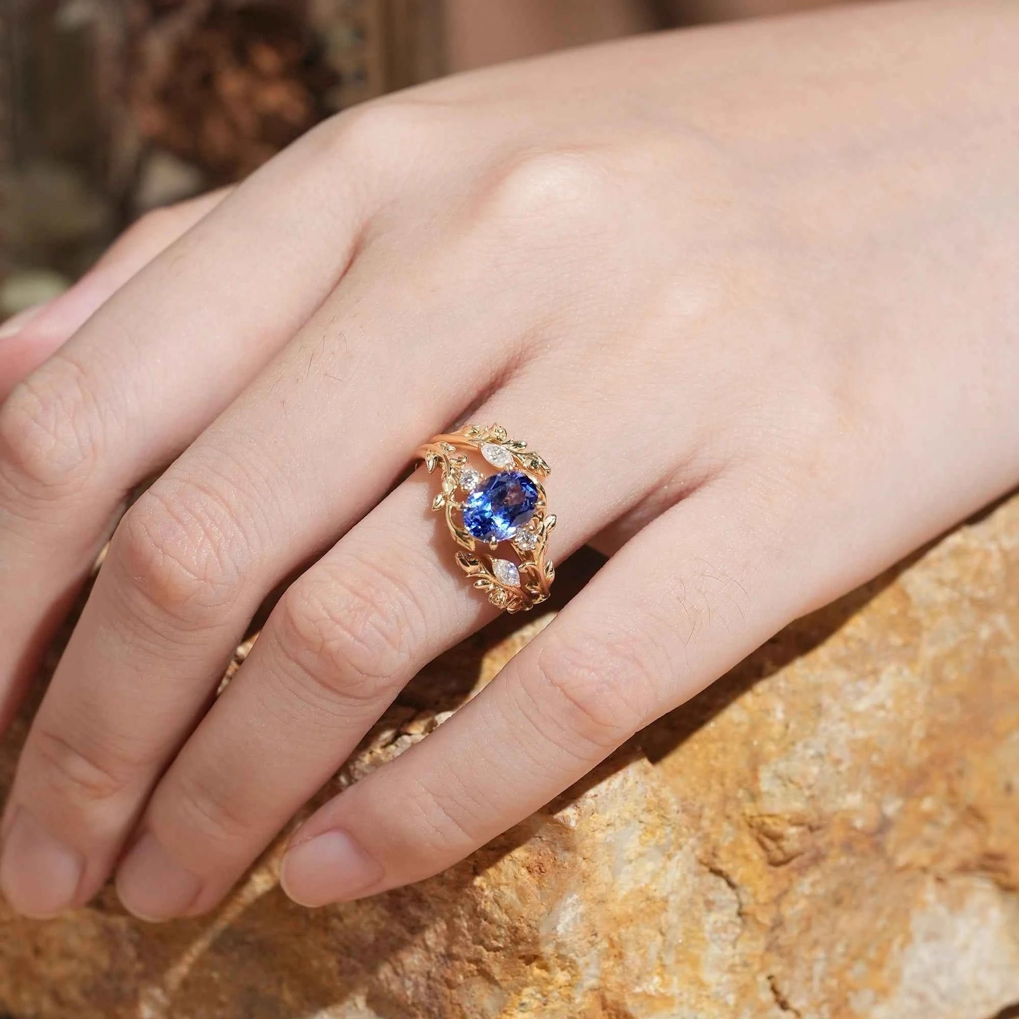 Cornflower Sapphire with Rose Buds Enhancer Ring Set - Leona - GemsMagic