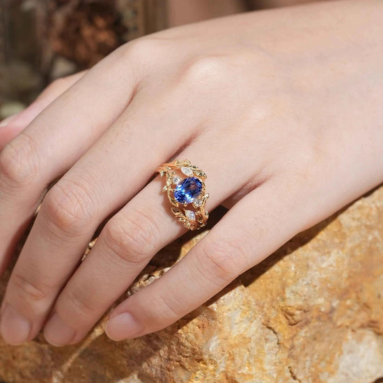 Cornflower Sapphire with Rose Buds Enhancer Ring Set - Leona - GemsMagic
