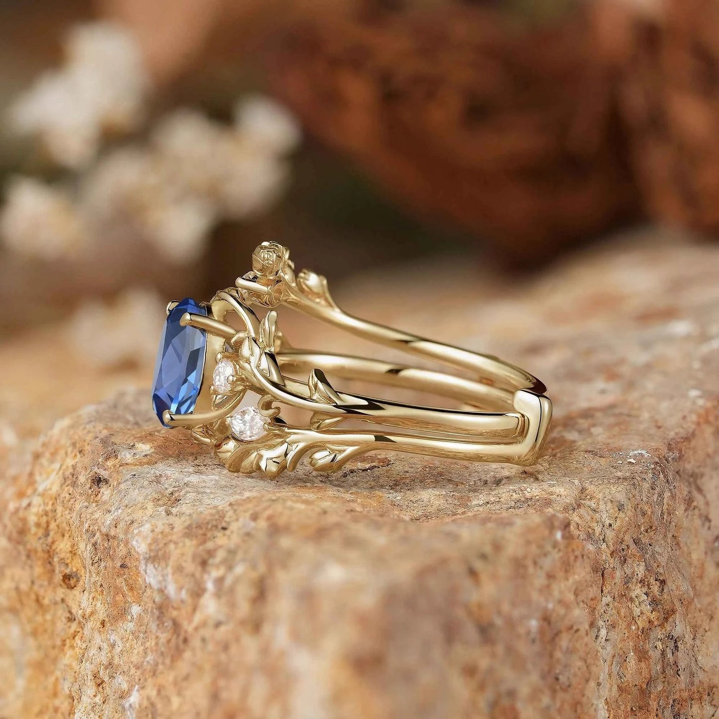 Cornflower Sapphire with Rose Buds Enhancer Ring Set - Leona - GemsMagic
