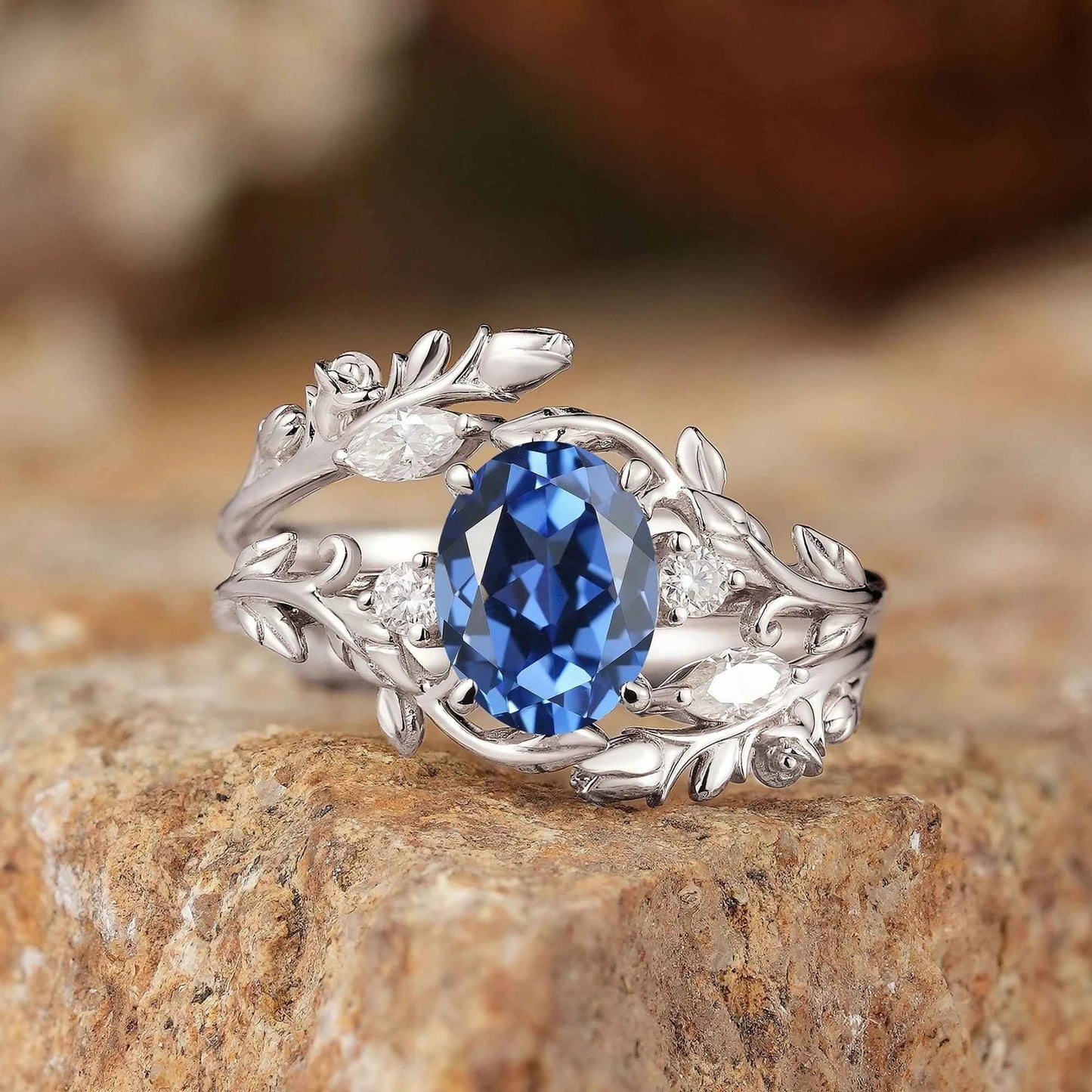 Cornflower Sapphire with Rose Buds Enhancer Ring Set - Leona - GemsMagic