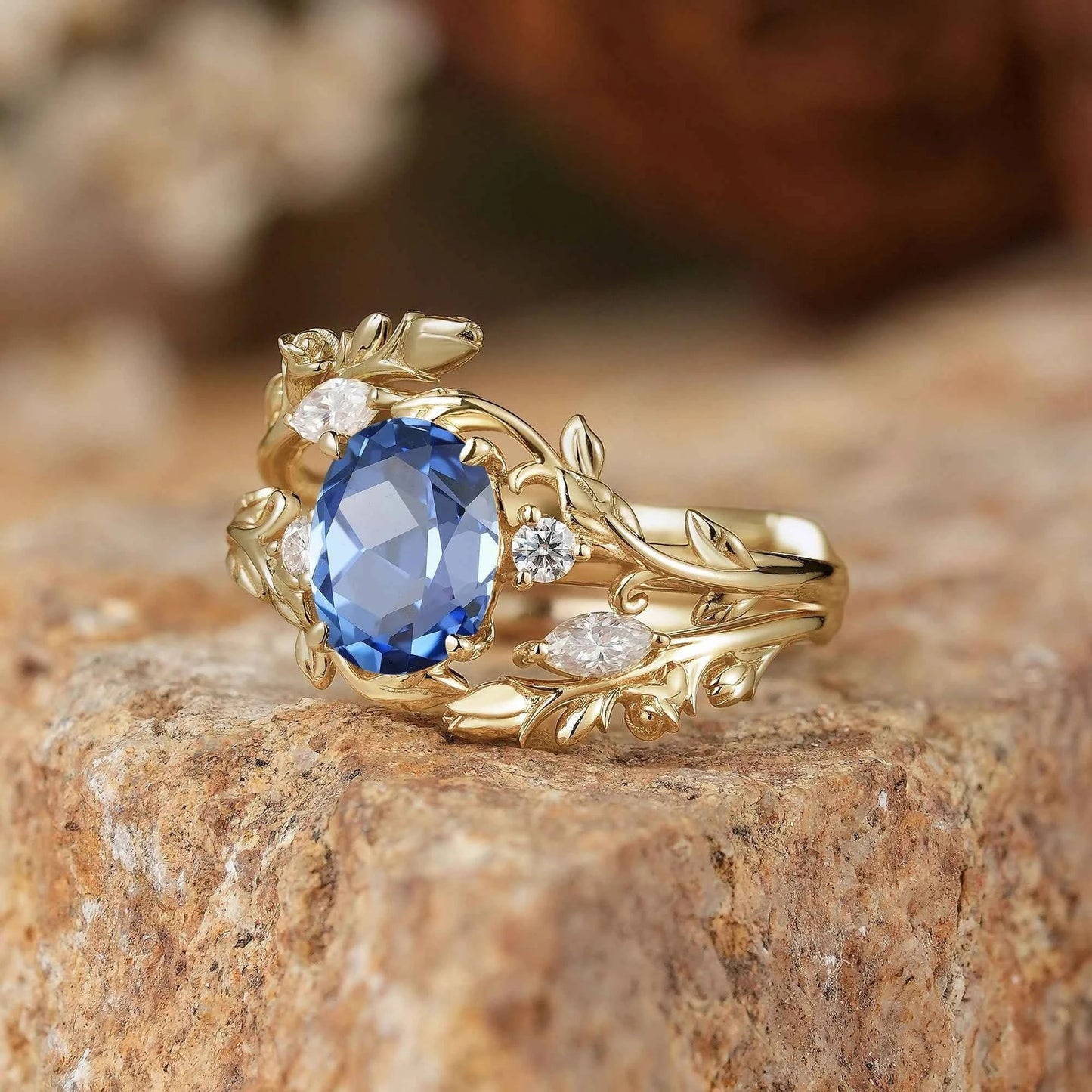Cornflower Sapphire with Rose Buds Enhancer Ring Set - Leona - GemsMagic