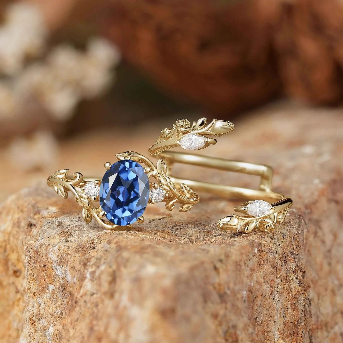 Cornflower Sapphire with Rose Buds Enhancer Ring Set - Leona - GemsMagic