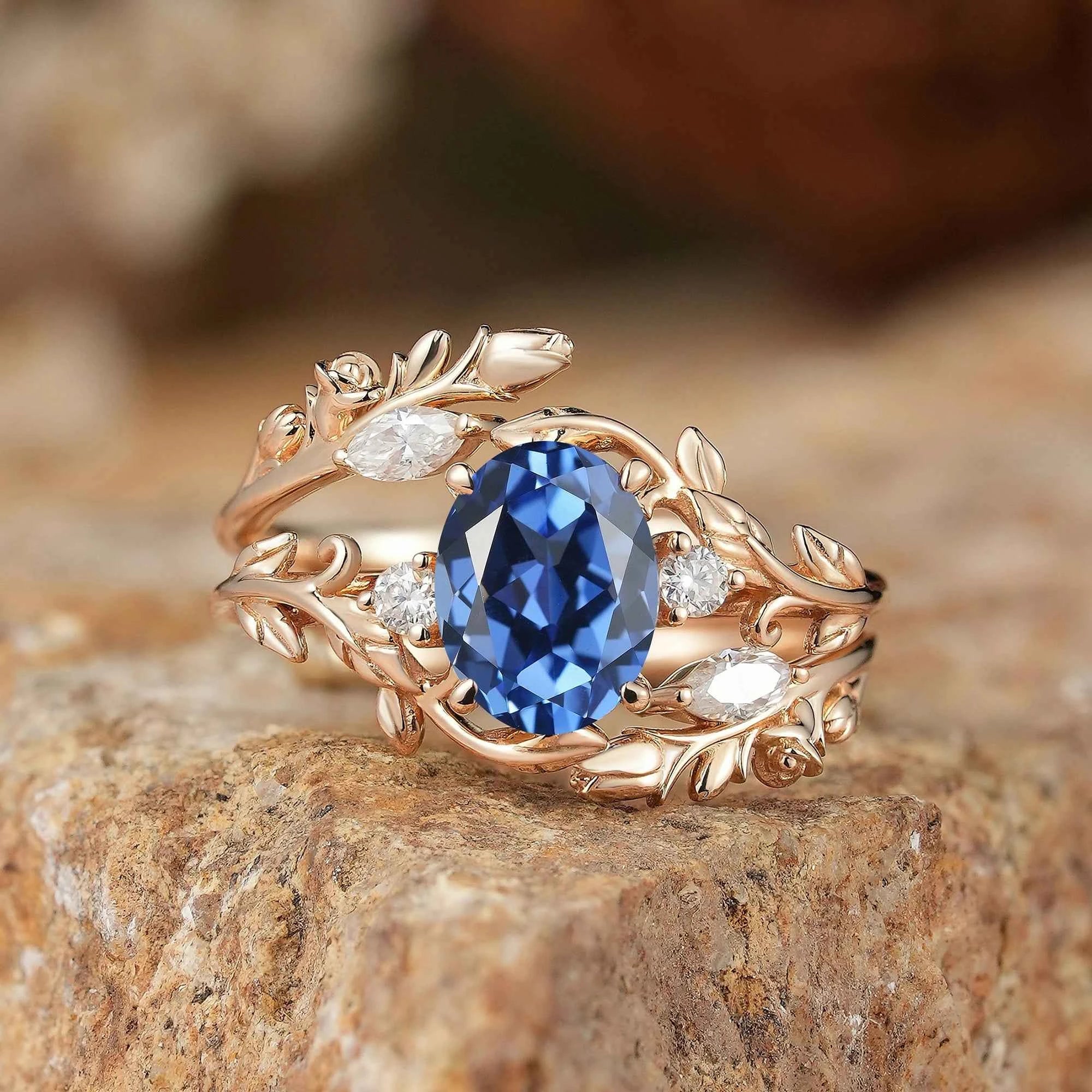 Cornflower Sapphire with Rose Buds Enhancer Ring Set - Leona - GemsMagic