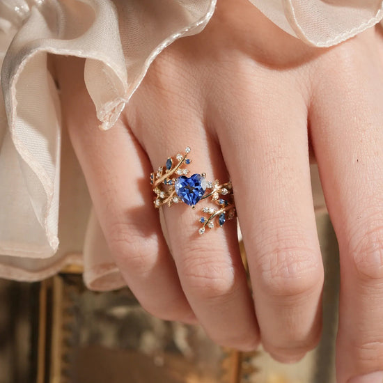 Cross Leaf Heart Shaped Cornflower Sapphire Ehancer Ring Set - Hazel - GemsMagic - GemsMagic
