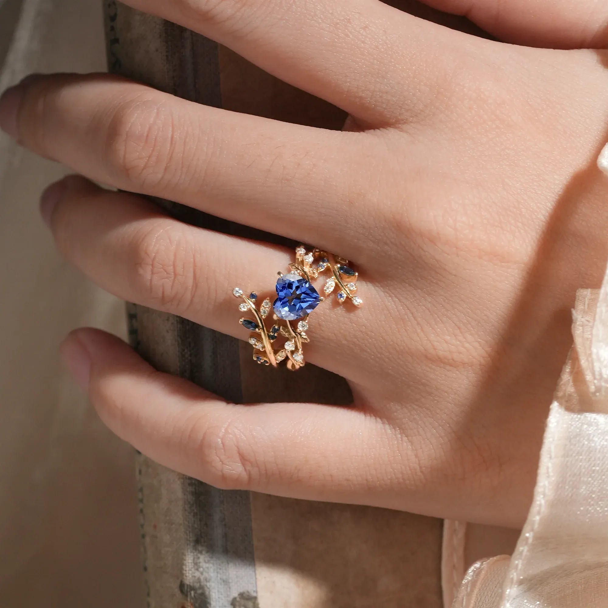 Cross Leaf Heart Shaped Cornflower Sapphire Ehancer Ring Set - Hazel - GemsMagic - GemsMagic