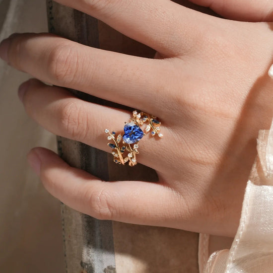Cross Leaf Heart Shaped Cornflower Sapphire Ehancer Ring Set - Hazel - GemsMagic - GemsMagic
