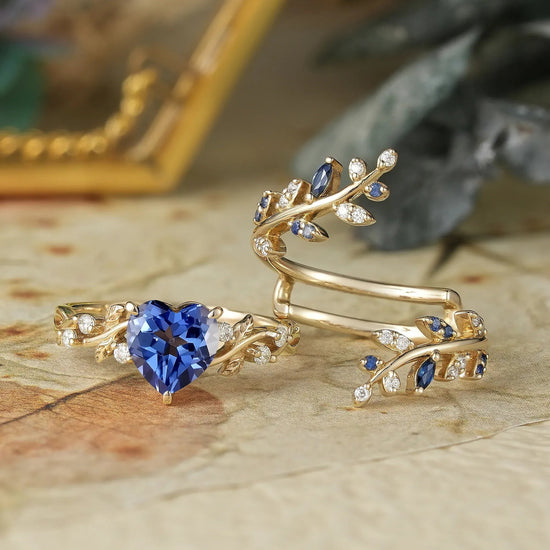 Cross Leaf Heart Shaped Cornflower Sapphire Ehancer Ring Set - Hazel - GemsMagic - GemsMagic