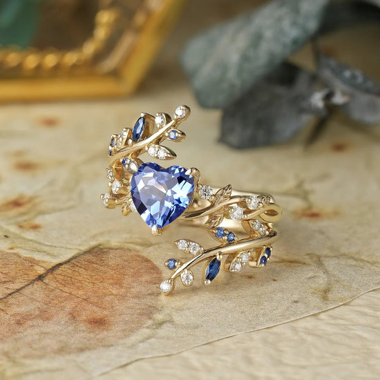 Cross Leaf Heart Shaped Cornflower Sapphire Ehancer Ring Set - Hazel - GemsMagic - GemsMagic