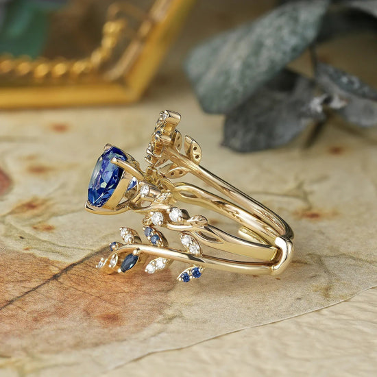 Cross Leaf Heart Shaped Cornflower Sapphire Ehancer Ring Set - Hazel - GemsMagic - GemsMagic