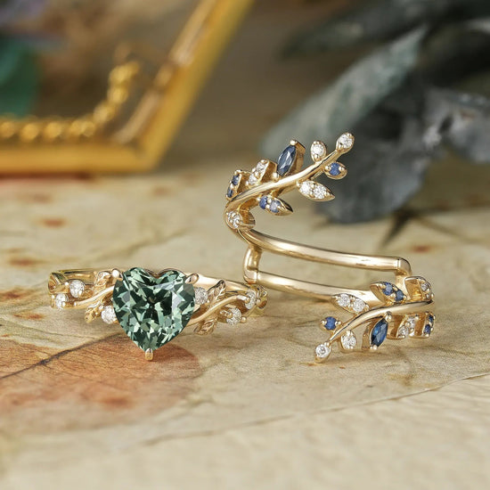 Cross Leaf Heart Shaped Green Sapphire Ehancer Ring Set - Giselle - GemsMagic - GemsMagic