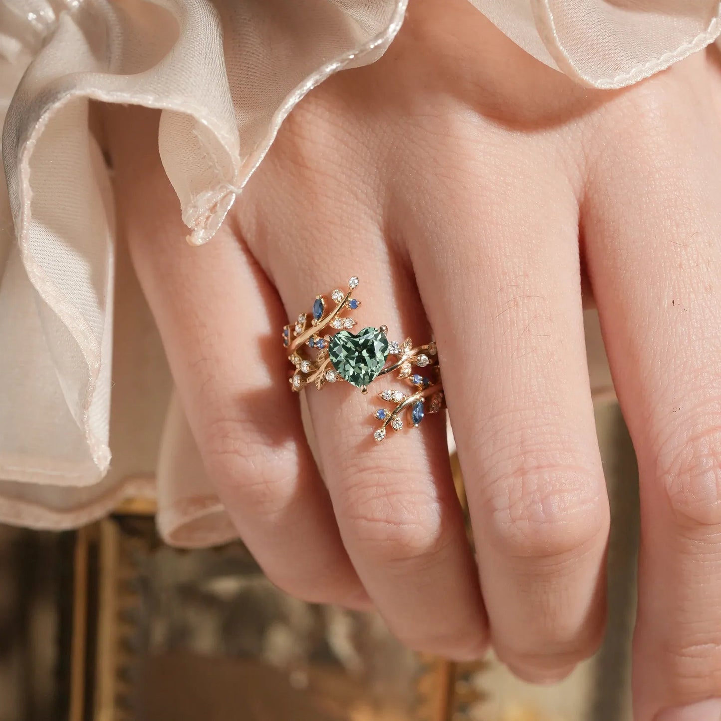 Cross Leaf Heart Shaped Green Sapphire Ehancer Ring Set - Giselle - GemsMagic - GemsMagic