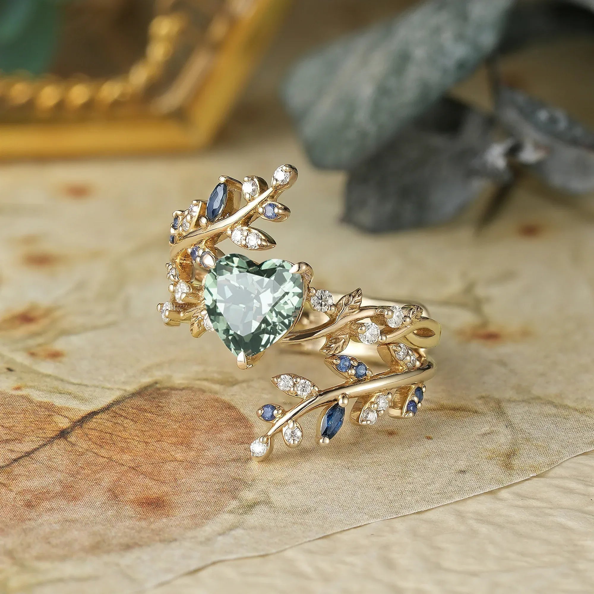 Cross Leaf Heart Shaped Green Sapphire Ehancer Ring Set - Giselle - GemsMagic - GemsMagic