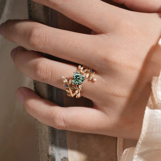 Cross Leaf Heart Shaped Green Sapphire Ehancer Ring Set - Giselle - GemsMagic - GemsMagic