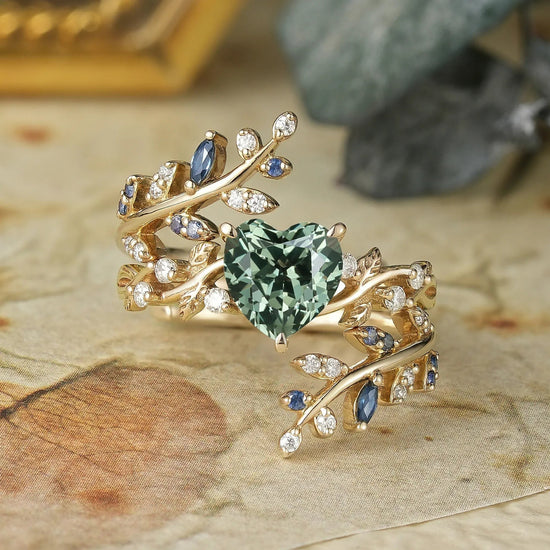 Cross Leaf Heart Shaped Green Sapphire Ehancer Ring Set - Giselle - GemsMagic - GemsMagic