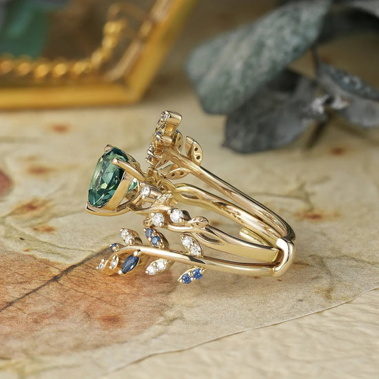 Cross Leaf Heart Shaped Green Sapphire Ehancer Ring Set - Giselle - GemsMagic - GemsMagic