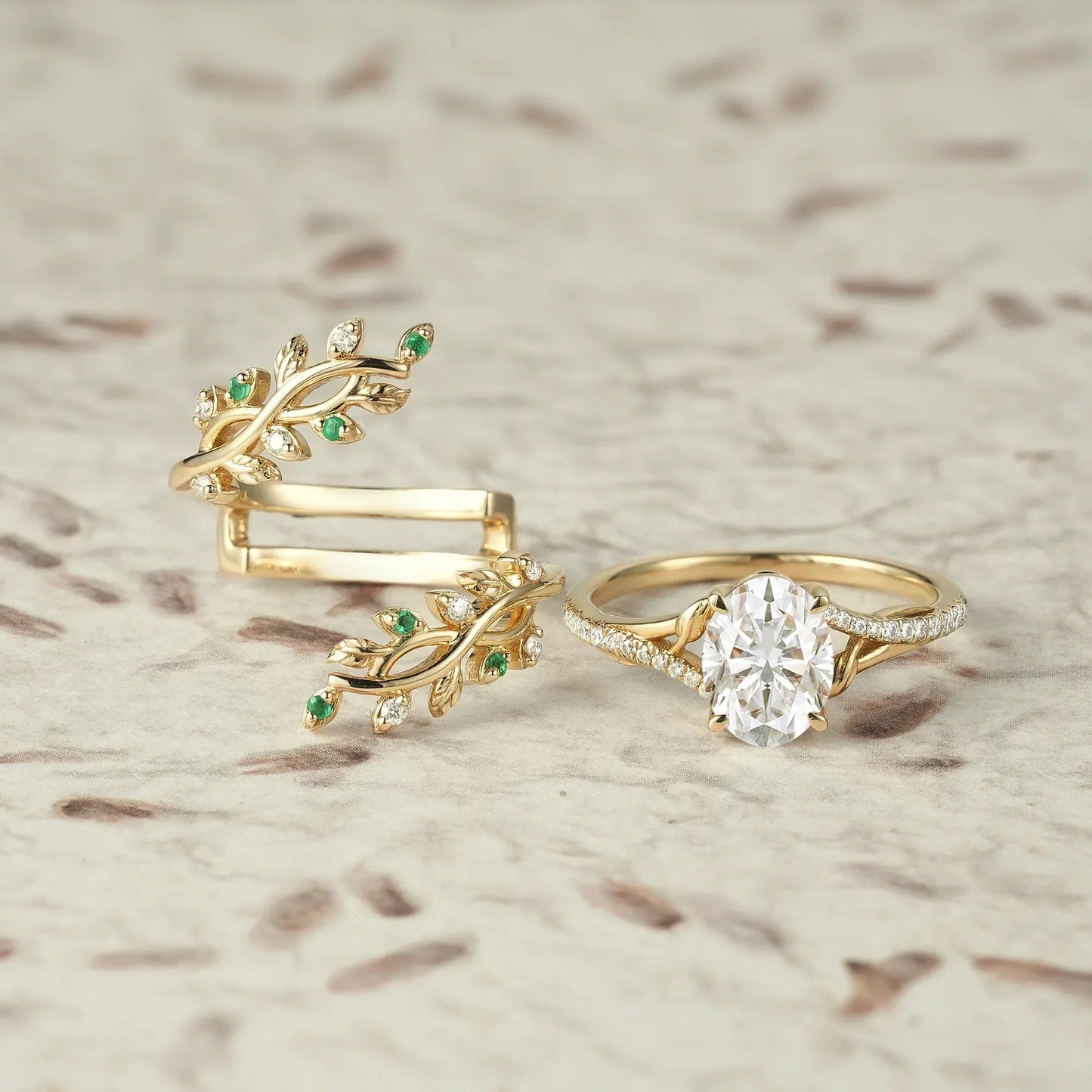 Cross Vine Moissanite and Emerald Ring Set - Lillian - GemsMagic