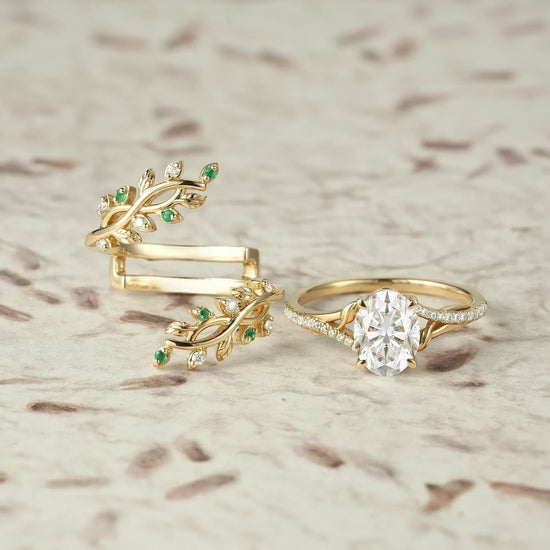 Cross Vine Moissanite and Emerald Ring Set - Lillian - GemsMagic